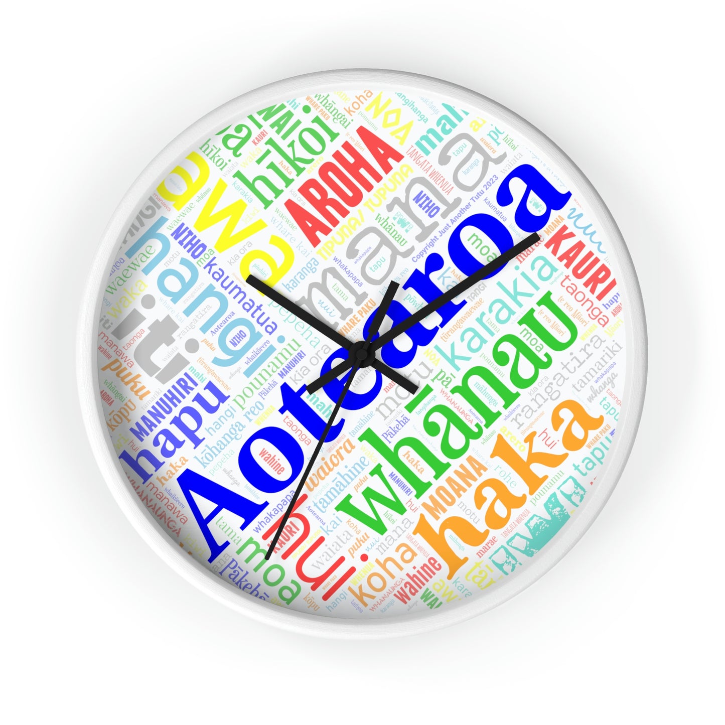 Rainbow Māori Word Art Heart Wall clock