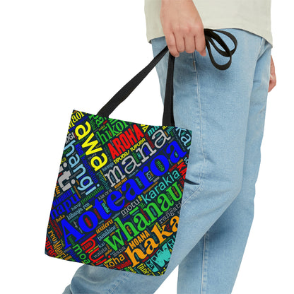 Rainbow Black Māori Word Art Tote Bag