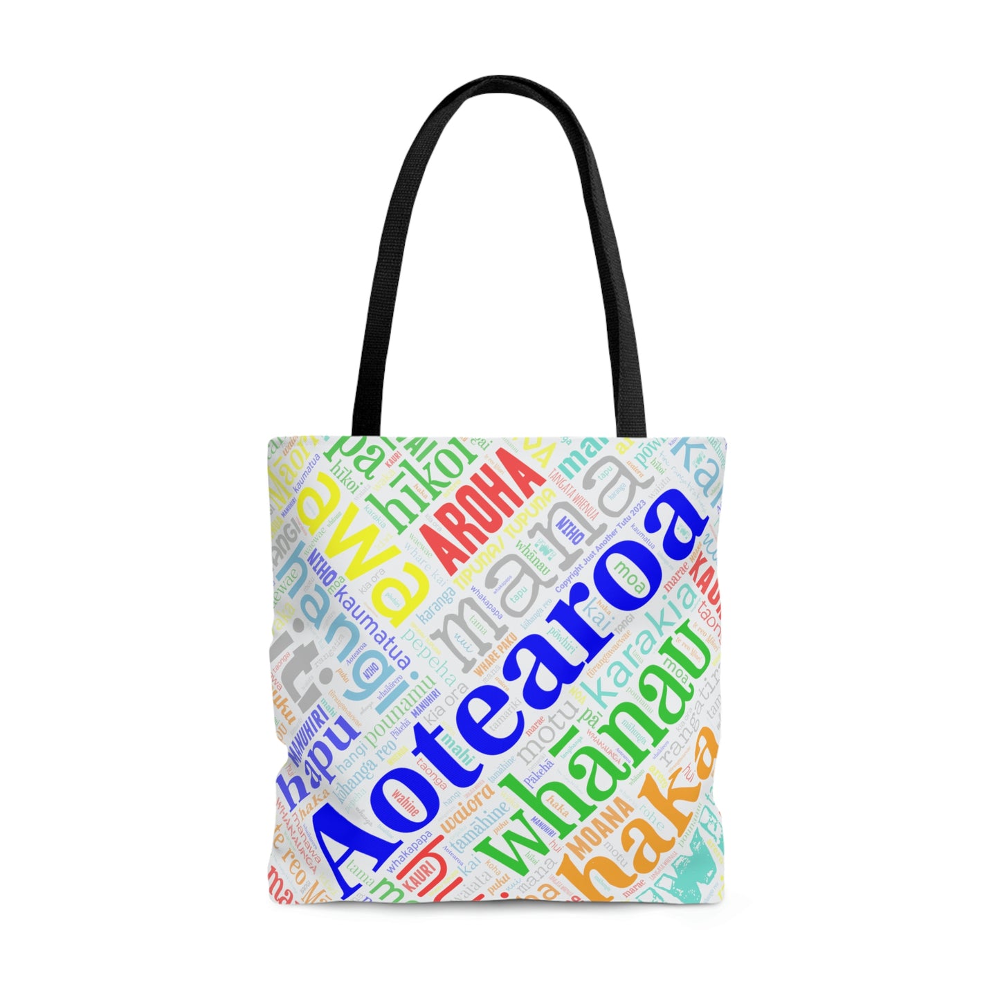 Rainbow White Māori Word Art Tote Bag