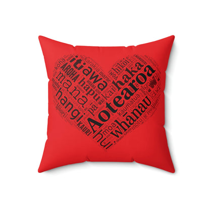 Red Māori Word Art Heart Square Pillow