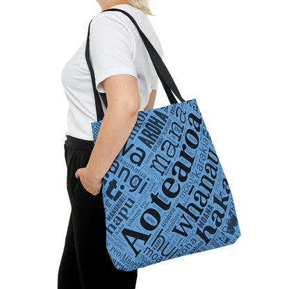 Light Blue Māori Word Art Tote Bag