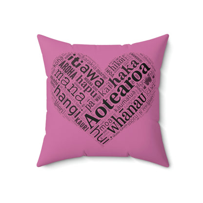 Pink Māori Word Art Heart Square Pillow