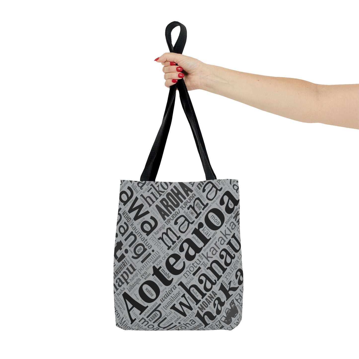 Grey Māori Word Art Tote Bag