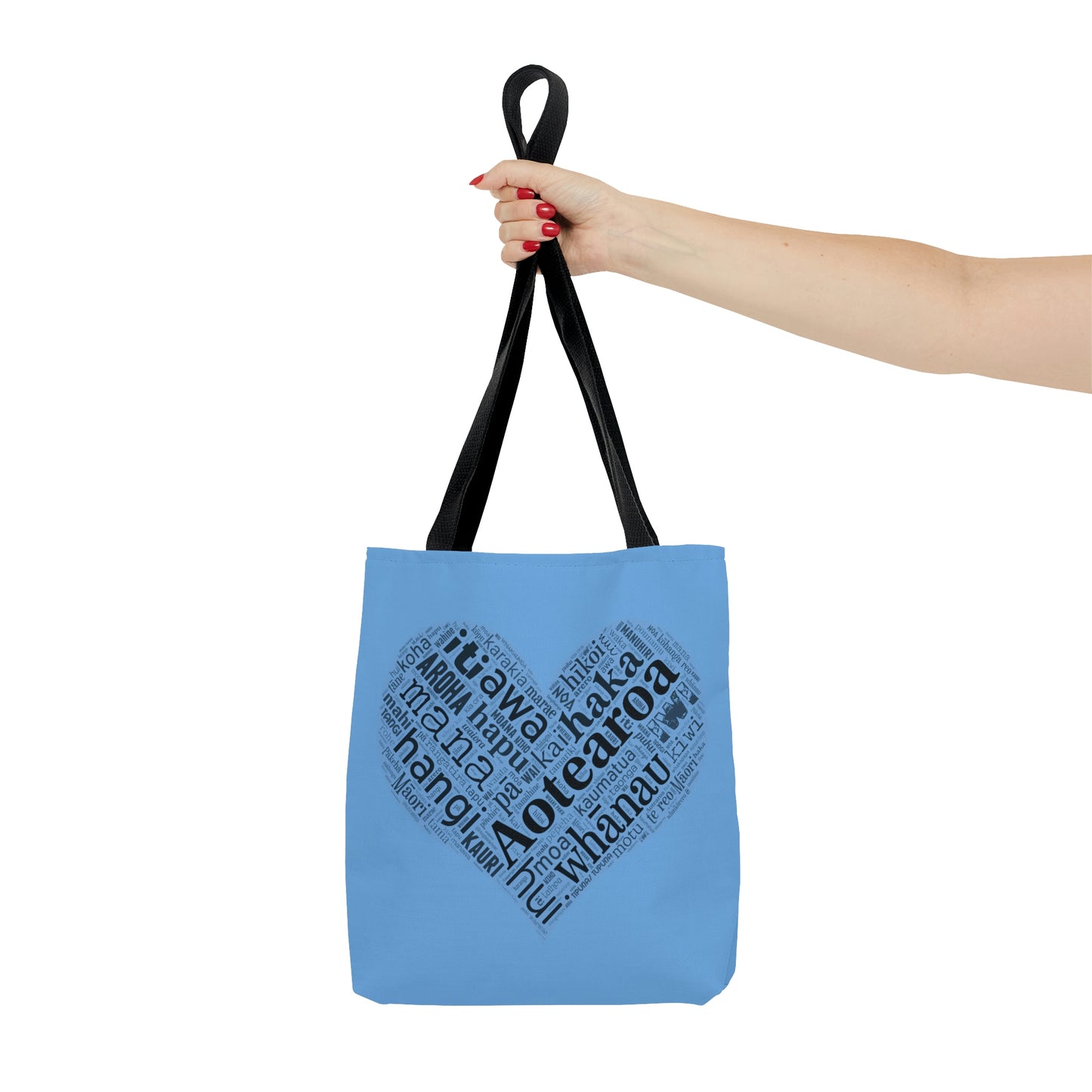 Light Blue Māori Word Art Heart Tote Bag