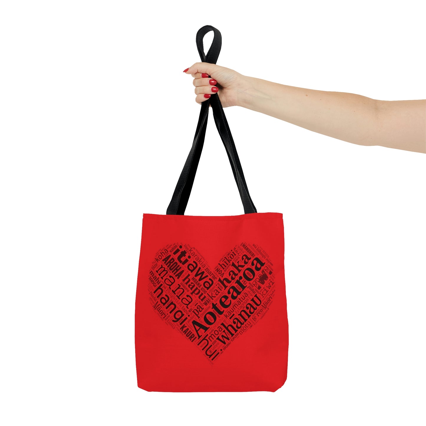 Red Māori Word Art Heart Tote Bag