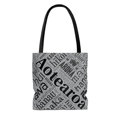 Grey Māori Word Art Tote Bag