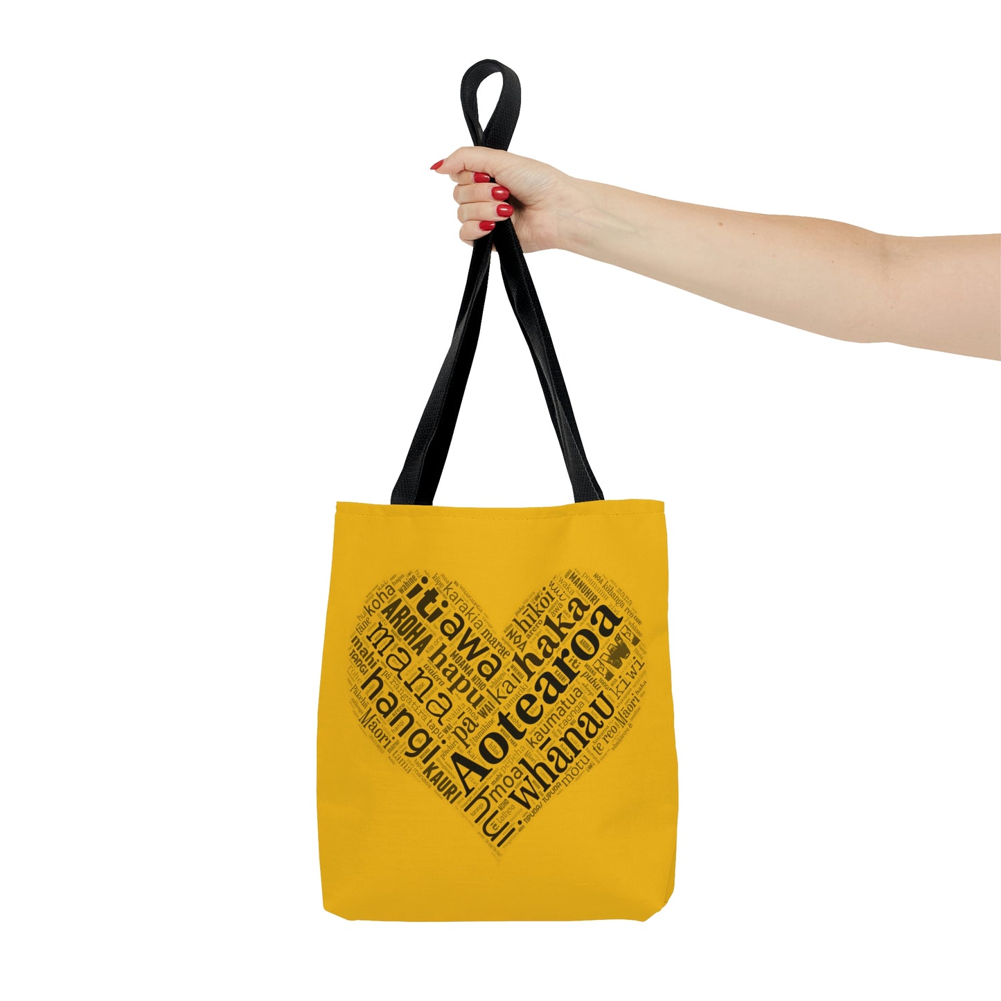 Yellow Māori Word Art Heart Tote Bag