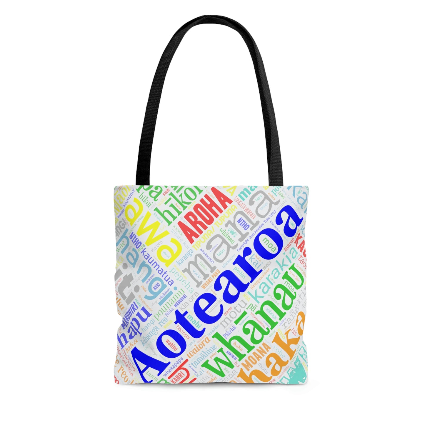 Rainbow White Māori Word Art Tote Bag