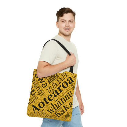 Yellow Māori Word Art Tote Bag