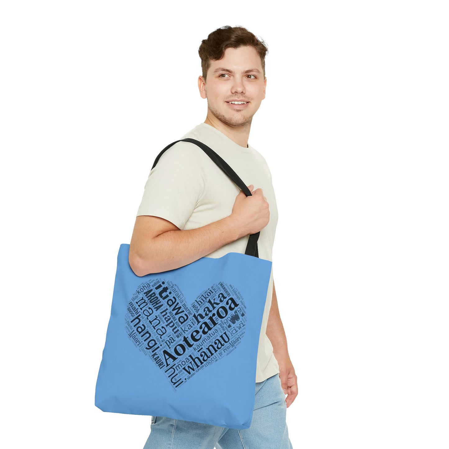 Light Blue Māori Word Art Heart Tote Bag