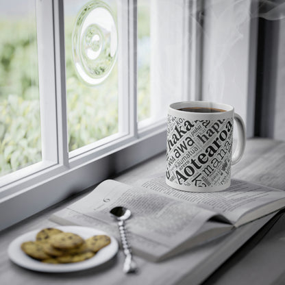 White Māori Word Art Mug