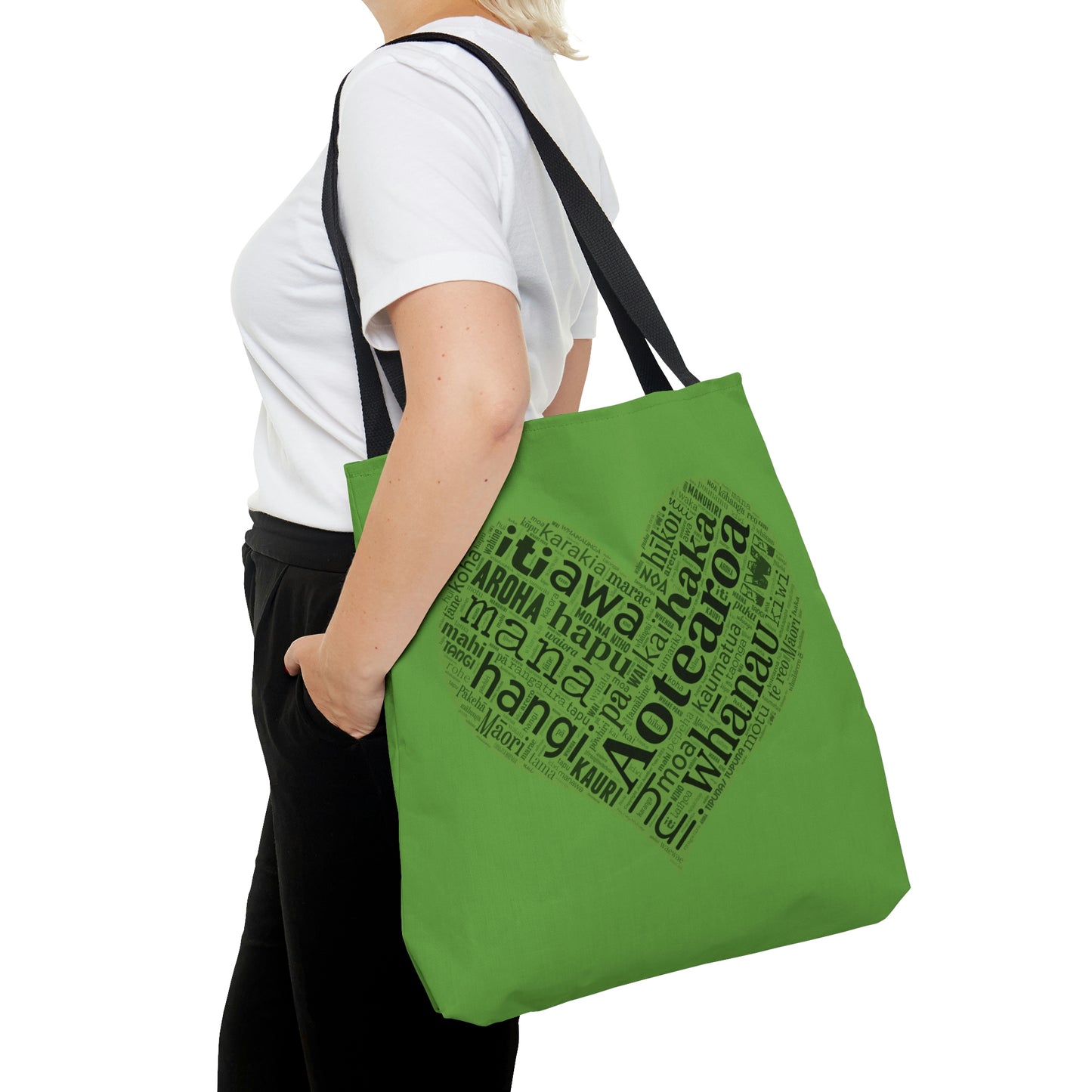 Green Māori Word Art Heart Tote Bag