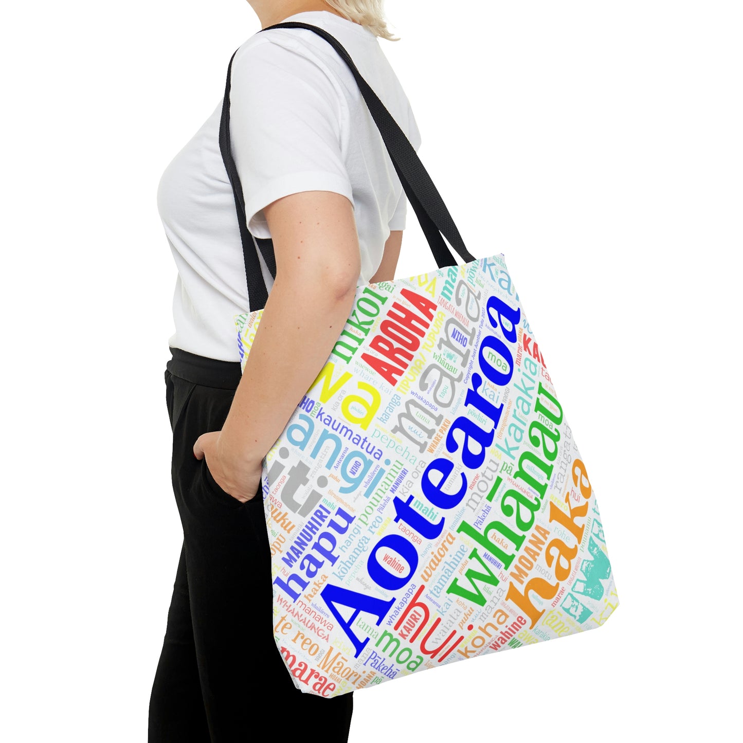 Rainbow White Māori Word Art Tote Bag