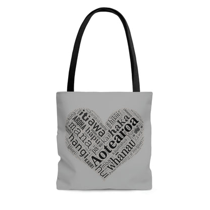 Grey Māori Word Art Heart Tote Bag