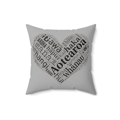 Grey Māori Word Art Heart Square Pillow