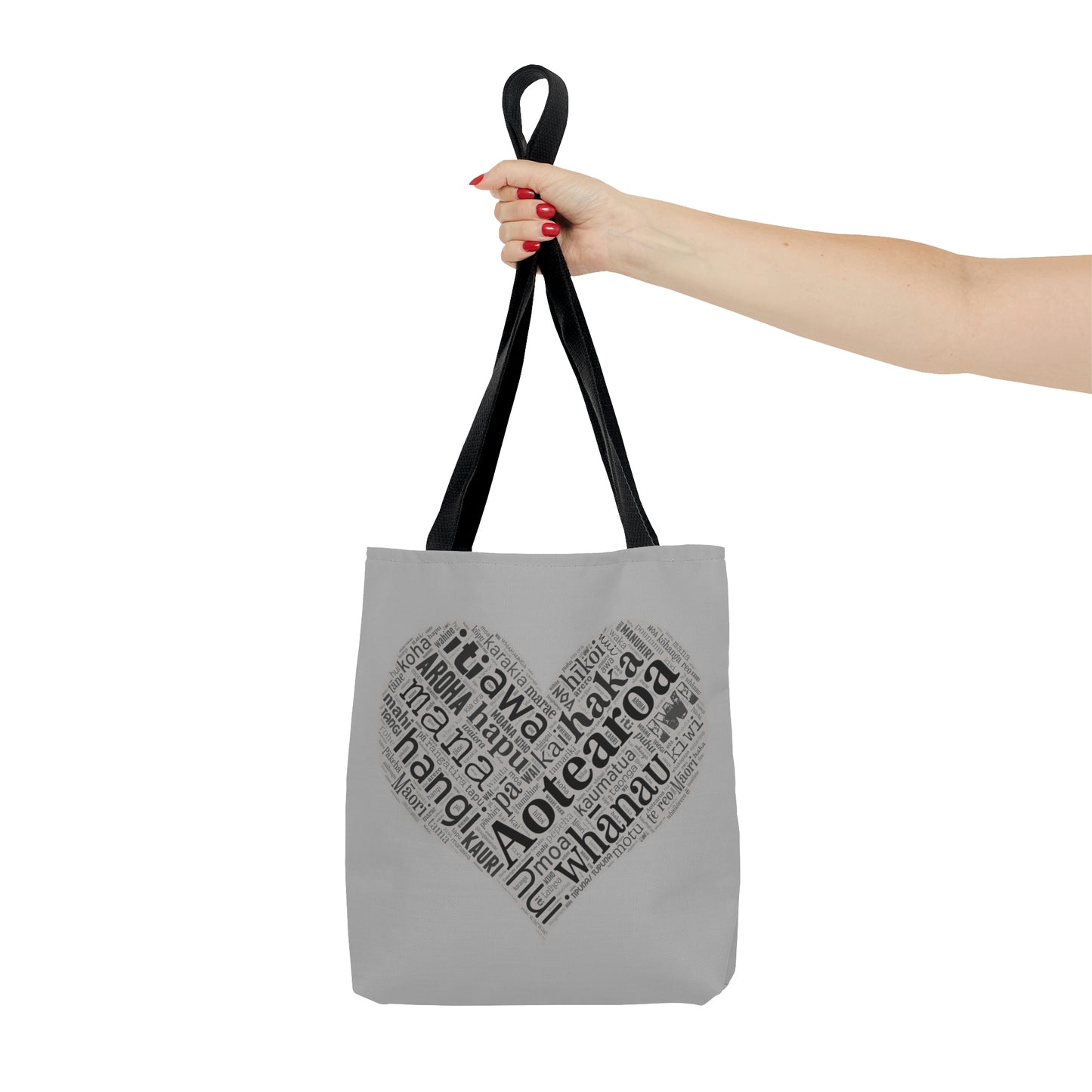 Grey Māori Word Art Heart Tote Bag