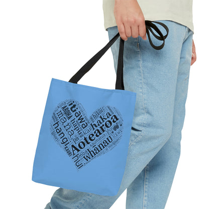 Light Blue Māori Word Art Heart Tote Bag