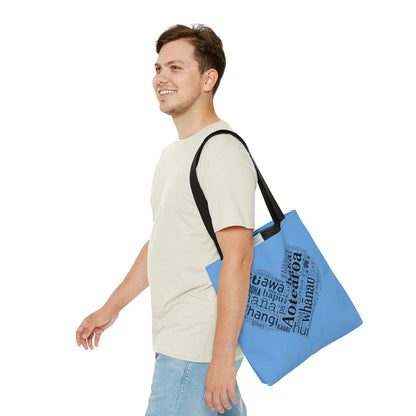 Light Blue Māori Word Art Heart Tote Bag