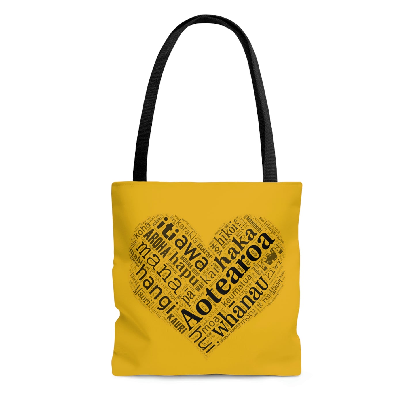 Yellow Māori Word Art Heart Tote Bag