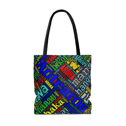 Rainbow Black Māori Word Art Tote Bag