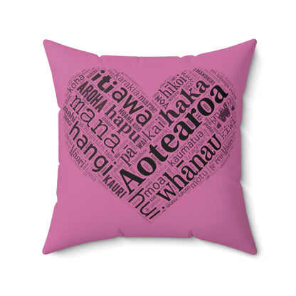 Pink Māori Word Art Heart Square Pillow