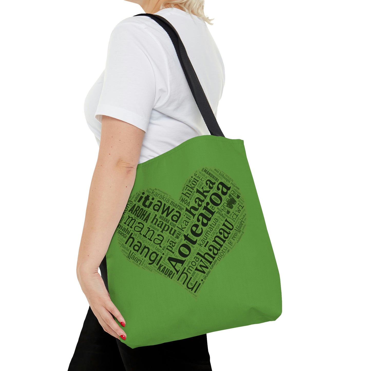 Green Māori Word Art Heart Tote Bag