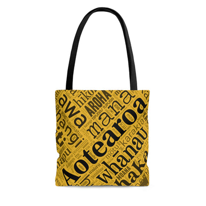 Yellow Māori Word Art Tote Bag