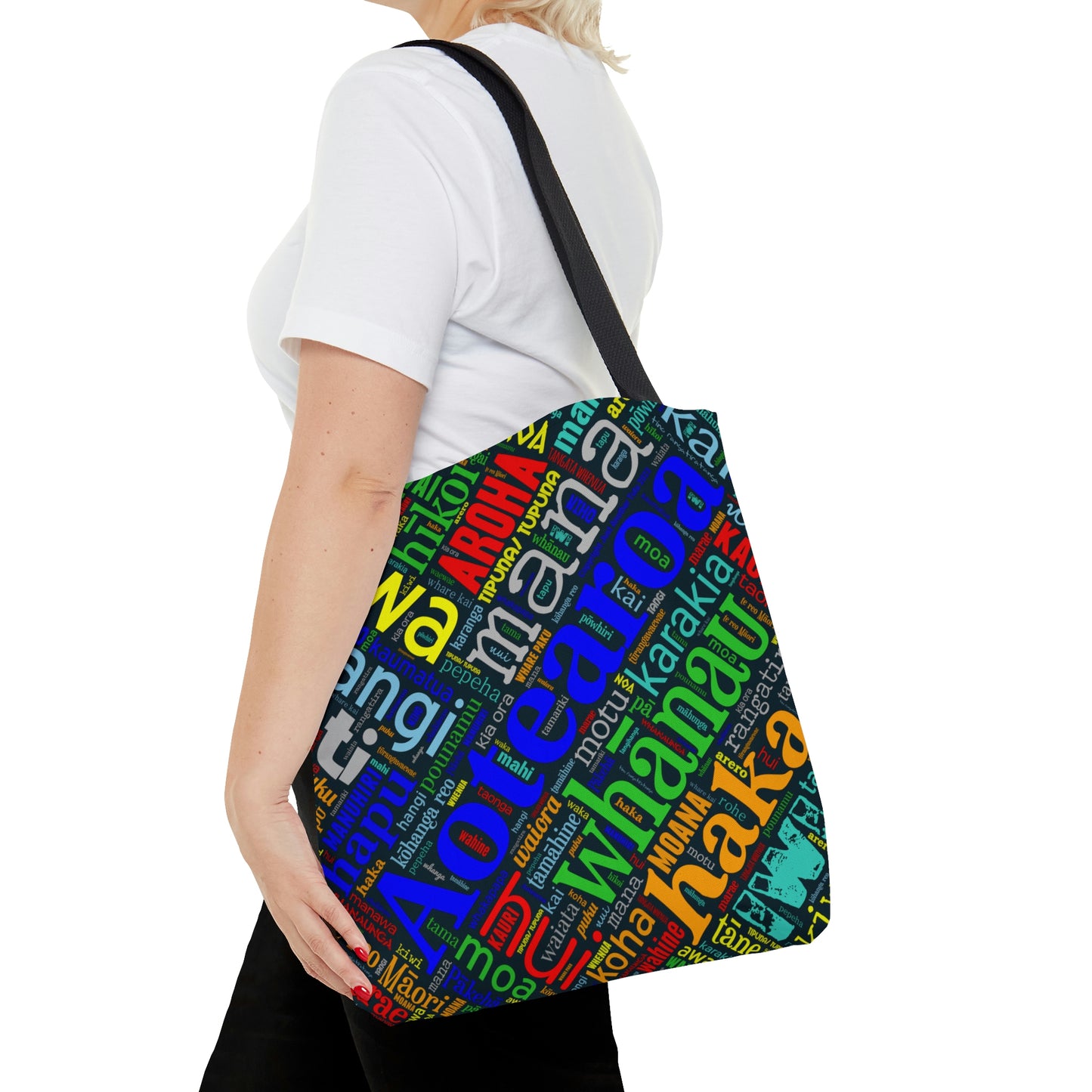 Rainbow Black Māori Word Art Tote Bag