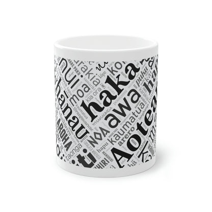 White Māori Word Art Mug