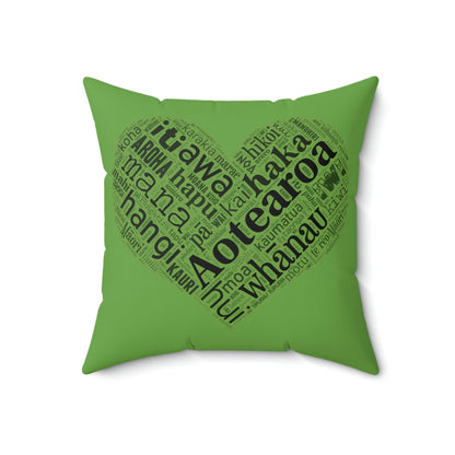 Green Māori Word Art Heart Square Pillow