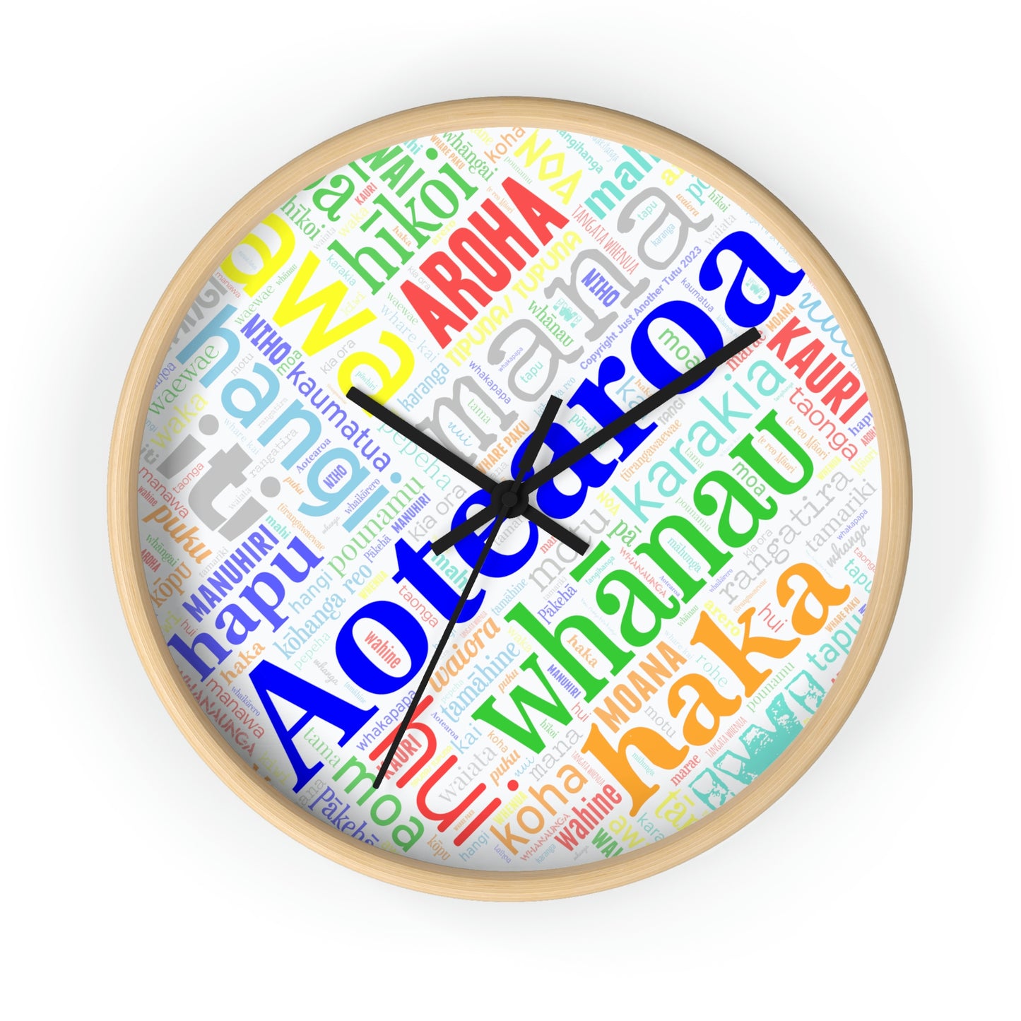 Rainbow Māori Word Art Heart Wall clock