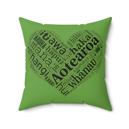 Green Māori Word Art Heart Square Pillow