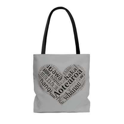 Grey Māori Word Art Heart Tote Bag