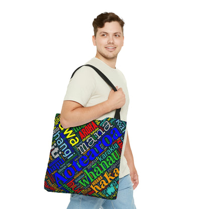 Rainbow Black Māori Word Art Tote Bag