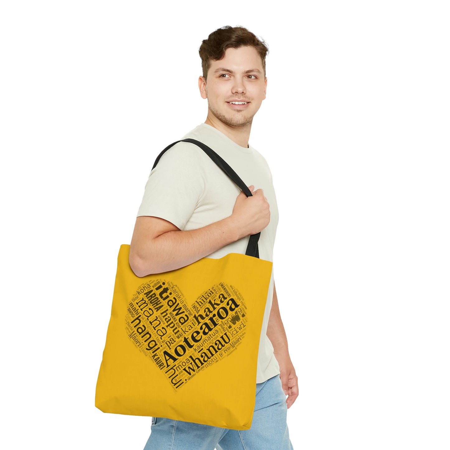 Yellow Māori Word Art Heart Tote Bag