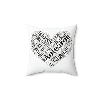 White Māori Word Art Heart Square Pillow