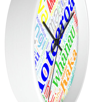 Rainbow Māori Word Art Heart Wall clock