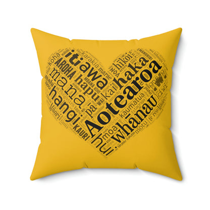 Yellow Māori Word Art Heart Square Pillow