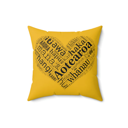 Yellow Māori Word Art Heart Square Pillow