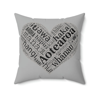 Grey Māori Word Art Heart Square Pillow