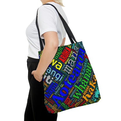 Rainbow Black Māori Word Art Tote Bag