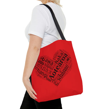 Red Māori Word Art Heart Tote Bag