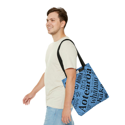 Light Blue Māori Word Art Tote Bag