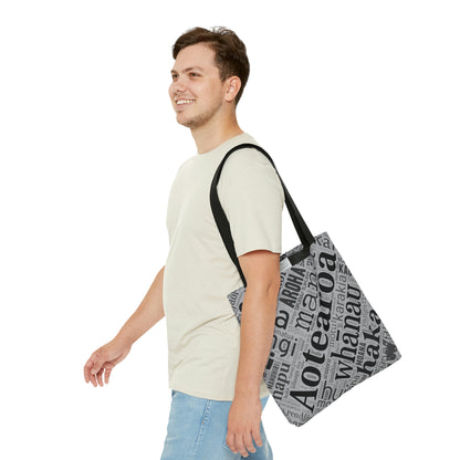 Grey Māori Word Art Tote Bag