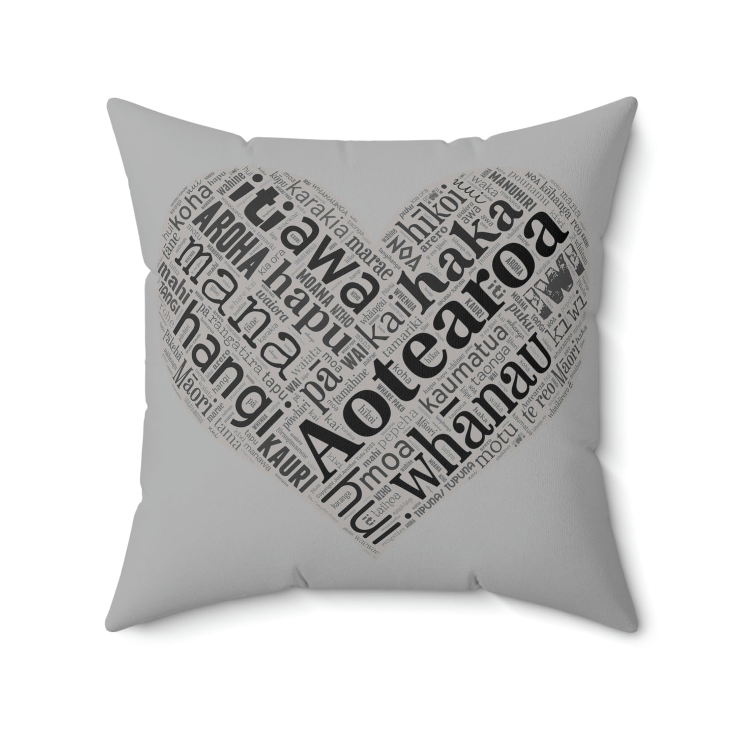 Grey Māori Word Art Heart Square Pillow