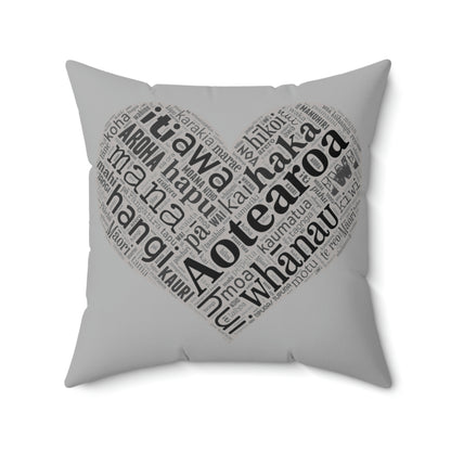 Grey Māori Word Art Heart Square Pillow