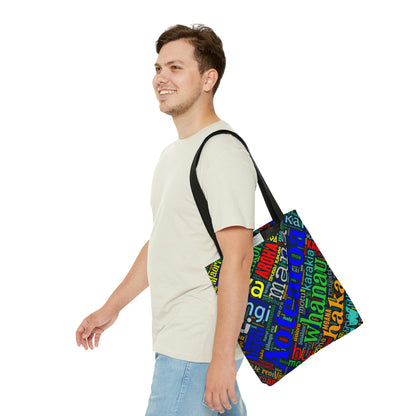 Rainbow Black Māori Word Art Tote Bag