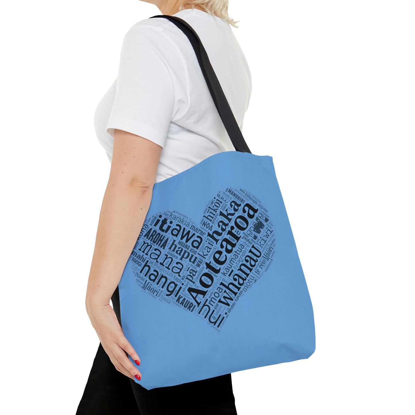 Light Blue Māori Word Art Heart Tote Bag