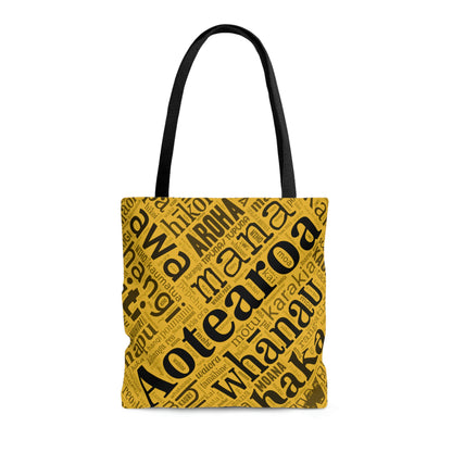 Yellow Māori Word Art Tote Bag