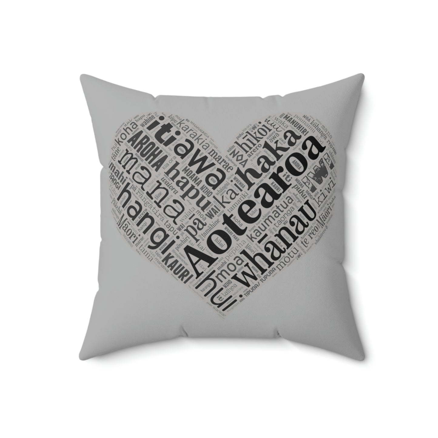 Grey Māori Word Art Heart Square Pillow